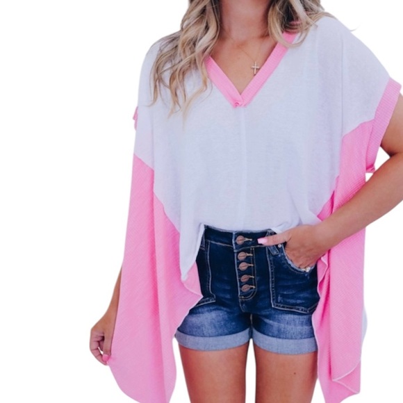 POL Tops - Pol Pink and White Burnout Asymmetrical Poncho Top Size Medium NEW